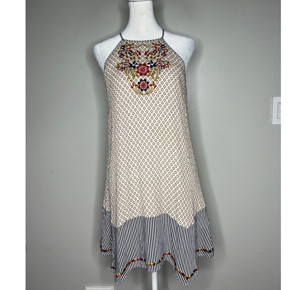THML Halter Mini Dress XS Embroidered Mixed Print Tassel Asymmetrical Hem Boho